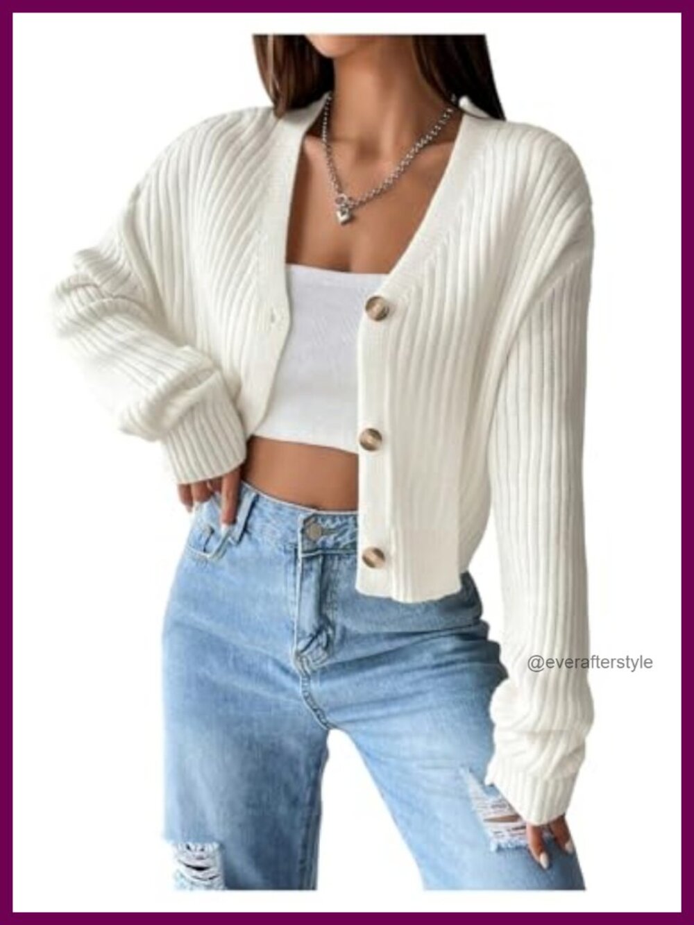 Cropped Cardigan Sweater Women Button Front Ribbed Knit Long Sleeve Loose V-Neck